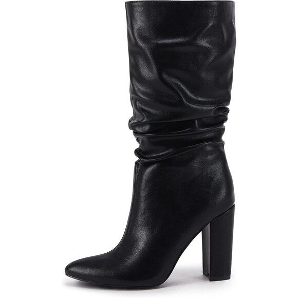 Women's Black Suede Mid Calf High Slouchy Chunky Heel Block Pointed Toe Boots - Picture 2 of 5